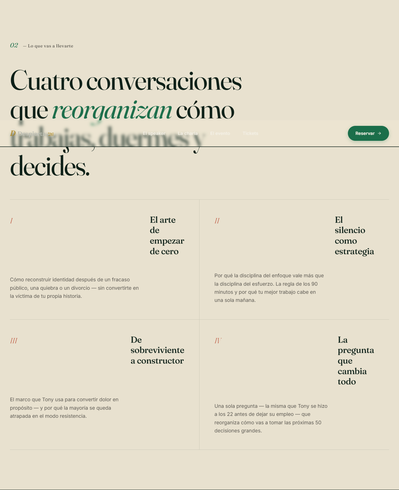 Sección editorial con bio y stats del speaker